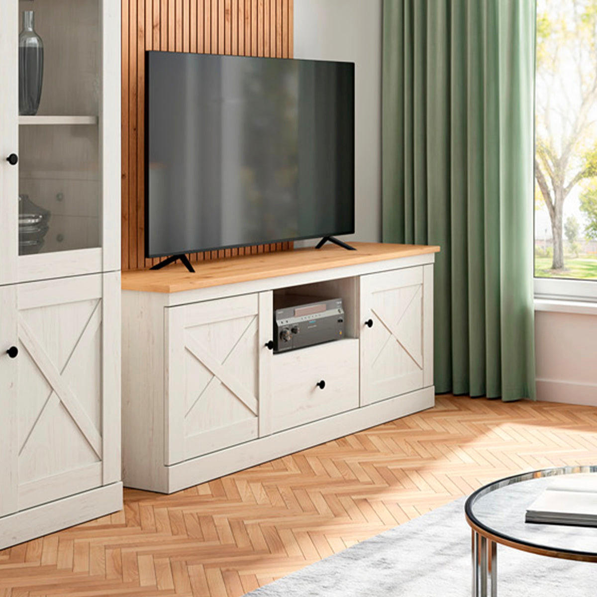 TV STOLÍK Victoria Biela a drevo - biela, kompozitné drevo (153/63/43cm) - Petits-meubles