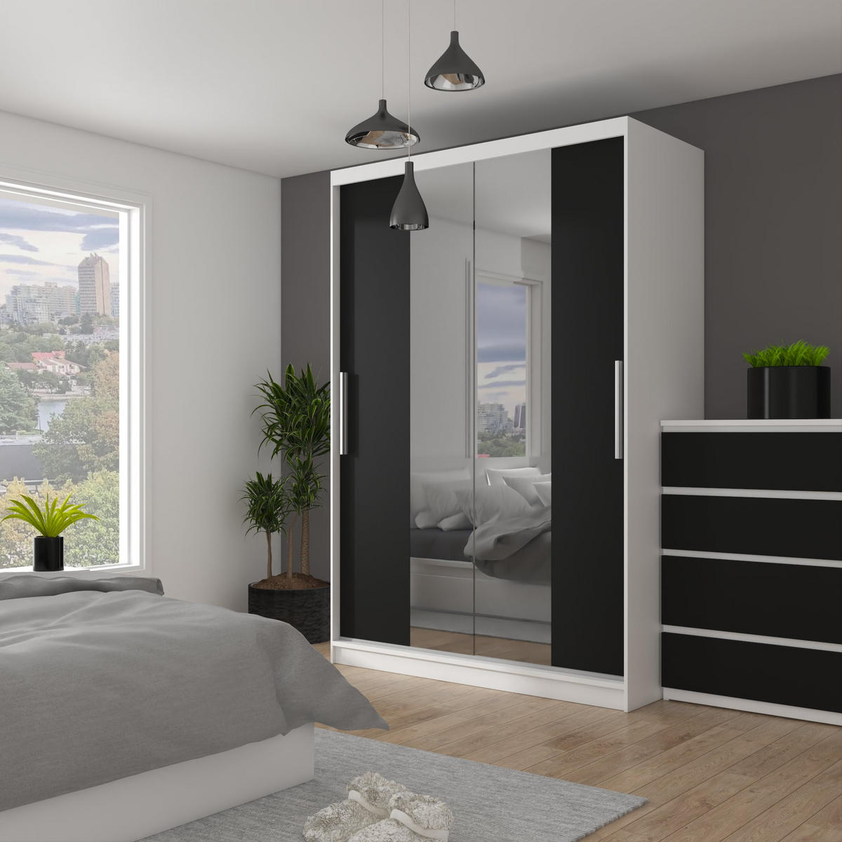 SCHWEBETÜRENSCHRANK Verona ME, Weiß/Schwarz Matt, 133 cm, mit Spiegel - Schwarz, Holz (133/216/60cm) - B BELINI GROUP