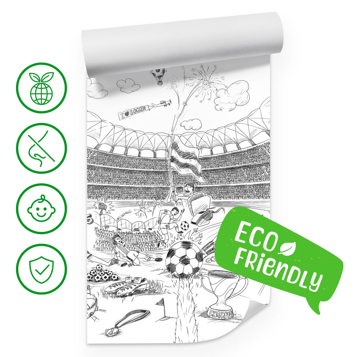 FOTOTAPETA Pre Detskú Izbu Futbalový Štadión Skica Hráč Lopta Pohár Šport 450 x 315 cm - sivá/biela, papier (450/315cm) - Muralo