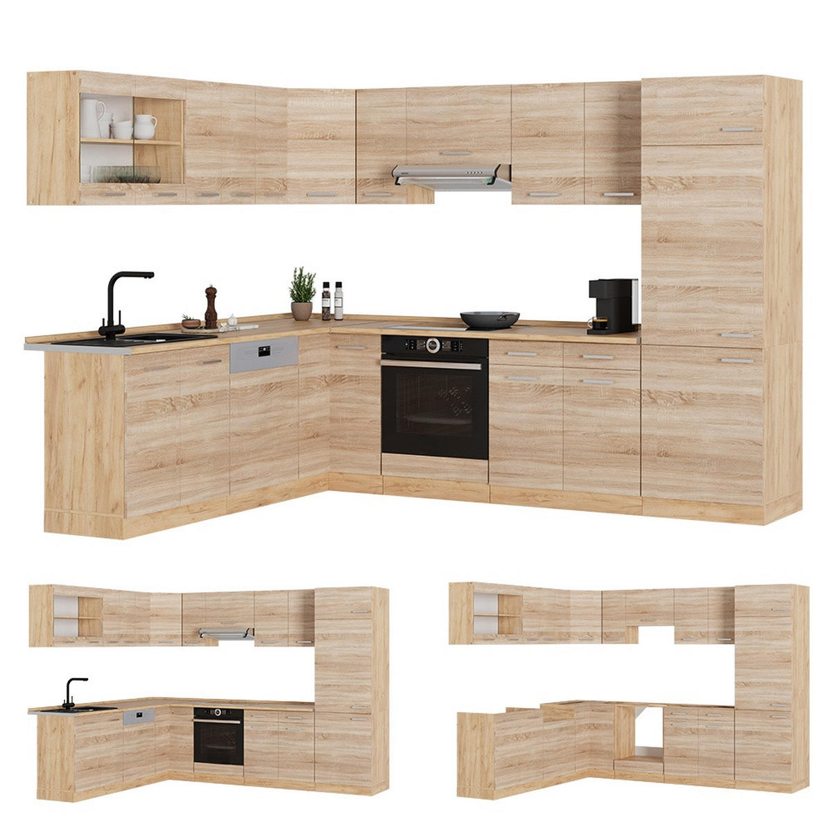 KOTNA KUHINJA R-Line, Sonoma/Zlati hrast z močjo, 287 x 227 cm, DP Antracit - hrast sonoma/medeni hrast, leseni material (287/206.8/60cm) - Vicco