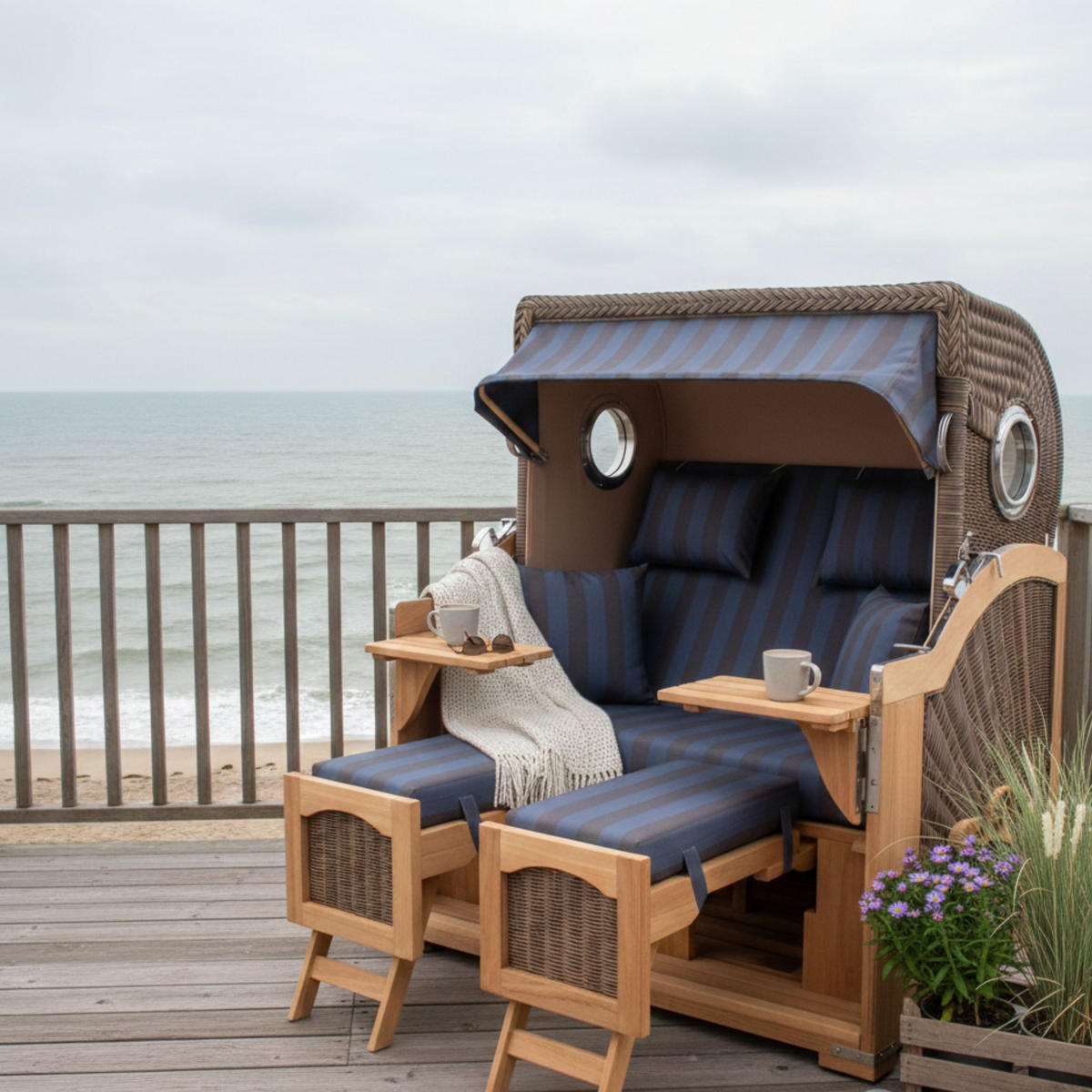 STRANDKORB Düne Grande Bullauge Teak PE Grey Dessin 582 - Blaugrau/Braun, Metall (142/170/95cm) - Mr. Deko