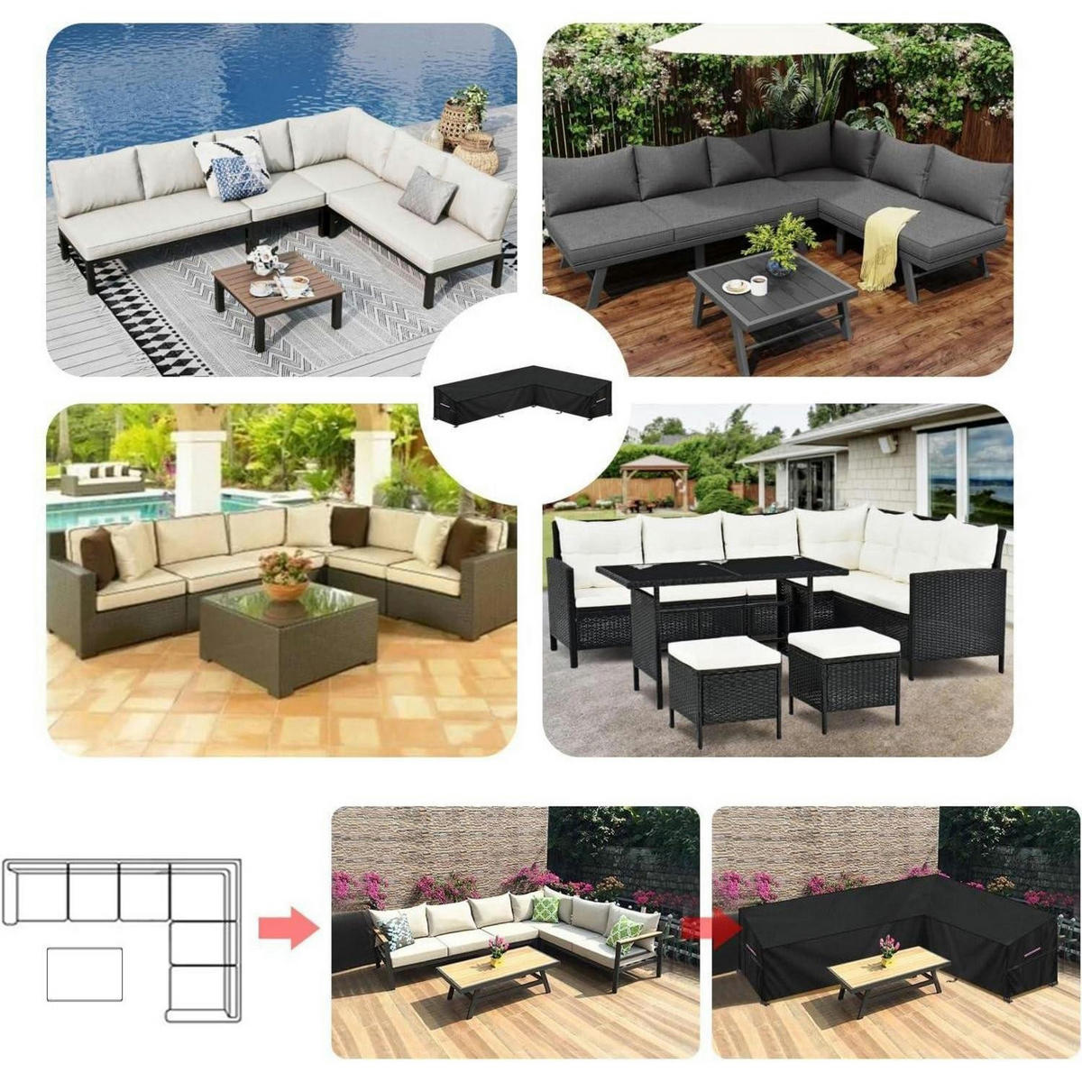 ABDECKHAUBE L-Form Gartenmöbel 280x220x90x80/60cm Wasserdicht - Schwarz, Kunststoff (90/80/280cm)