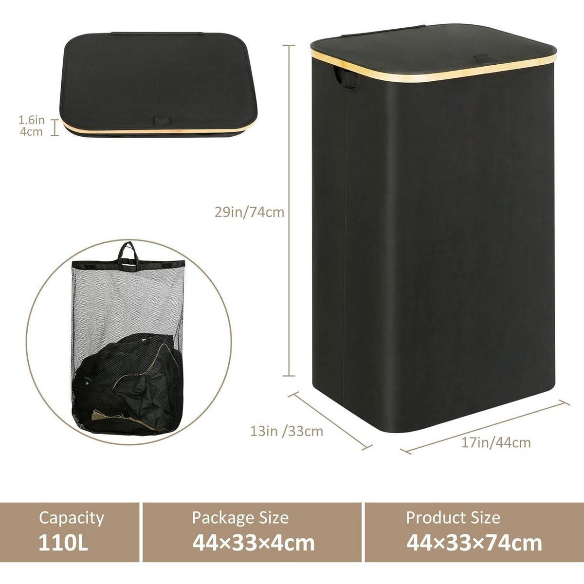 WÄSCHEKORB mit Deckel 110L Schwarz - Schwarz, Textil (33/74/44cm)