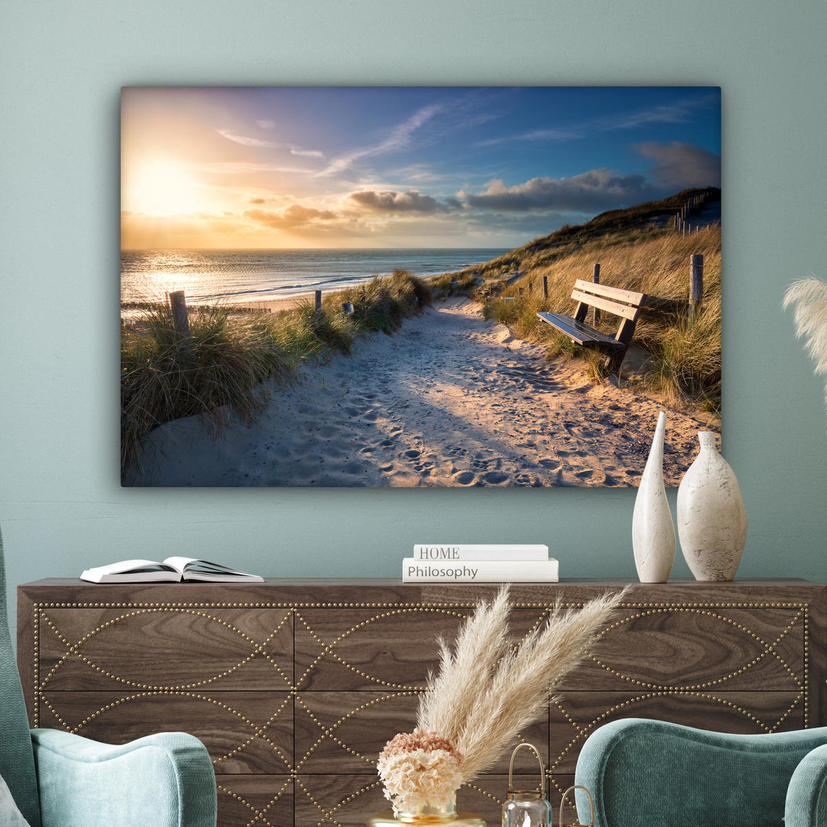 LEINWANDBILD - Sonnenuntergang - Strand - Düne - Gras - Ufer - 120x80 - Kunstdruck - Sandfarben, Textil (120/80cm) - MuchoWow