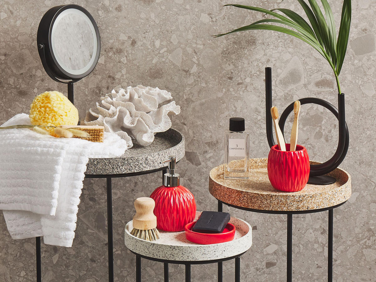 BADEZIMMER Set 3-teilig Keramik rot Belem - Rot, Stein (11/15/11cm) - Beliani