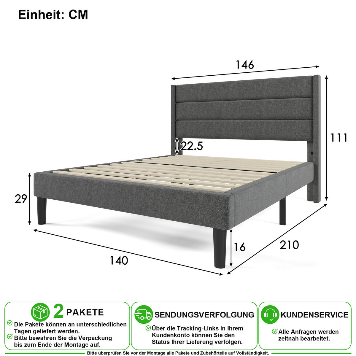 POLSTERBETT 140/200 cm in Dunkelgrau Leinen mit Kopfteil, Lattenrost und Matratze - Dunkelgrau, Holzwerkstoff/Textil (140/200cm) - CHICFURN