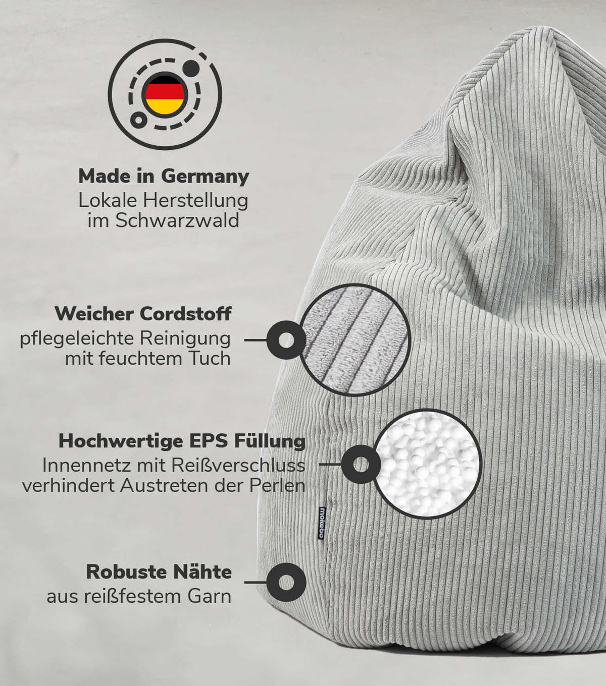 SITZSACK Cord Der Tagträumer - Grau, Textil (80/130/80cm) - Mokebo