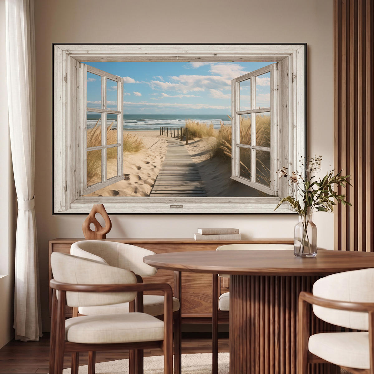 LEINWAND Bilder mit Rahmen - Fenster - Meer - Küste - Natur - Ausblick - Strand - Wattenmeer - 150x100 - Beige, Textil (150/100cm) - MuchoWow