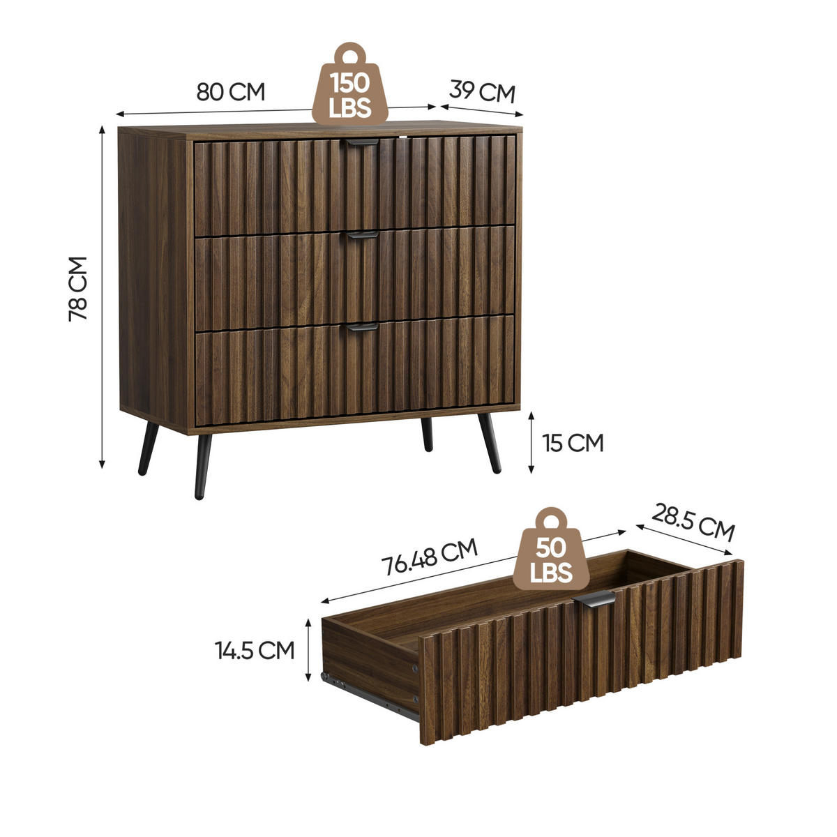 KOMMODE aus MDF 80x39x78 cm Walnussfarben mit 3 Schubladen und Metallbeinen - Walnussfarben, Holzwerkstoff (80/78/38cm) - IVMEU