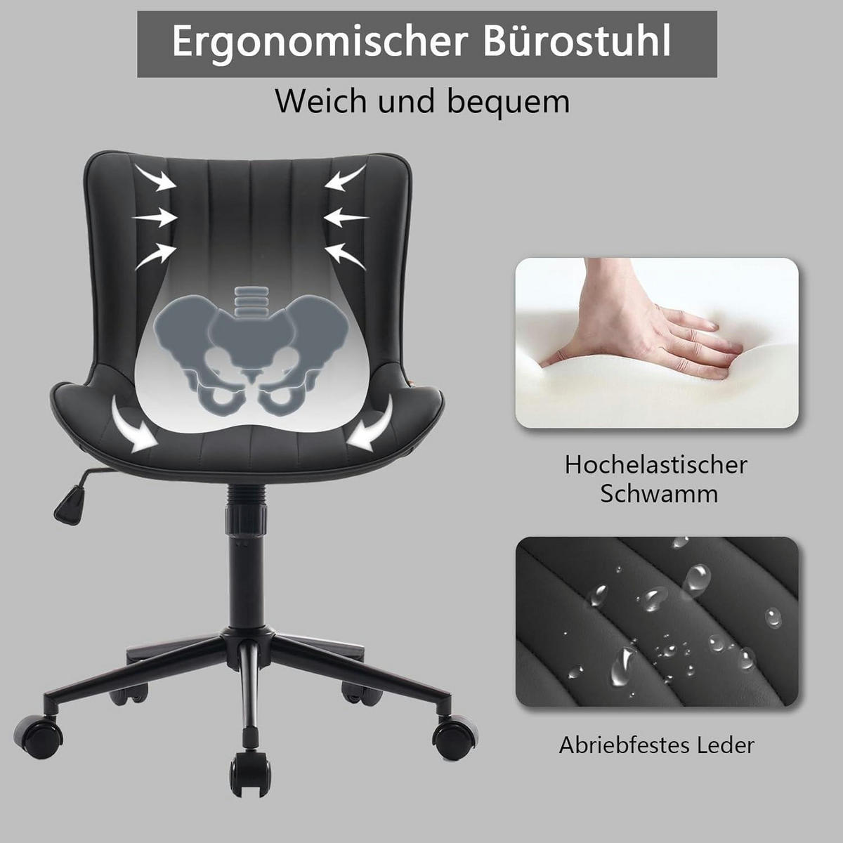 BÜROSTUHL ergonomisch mit PU-Leder, schwarz - Schwarz, Kunststoff (53/93/46cm)