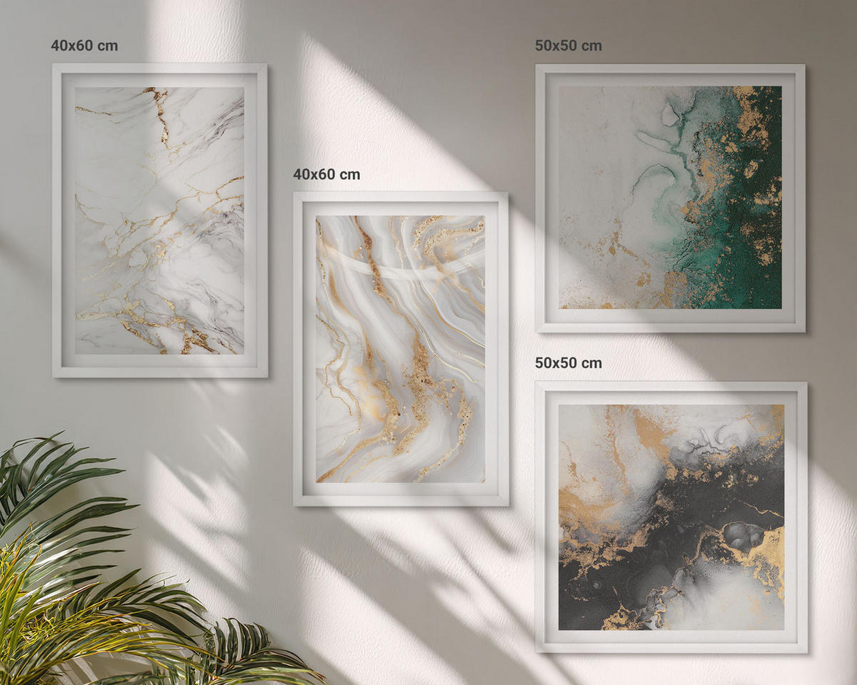WANDBILDER 4er-Set - 50x50 cm & 40x60 cm Weißer Rahmen - Abstrakte Muster weiß schwarz grün - Weiß, Kunststoff (50/50cm) - ArtPrintCave