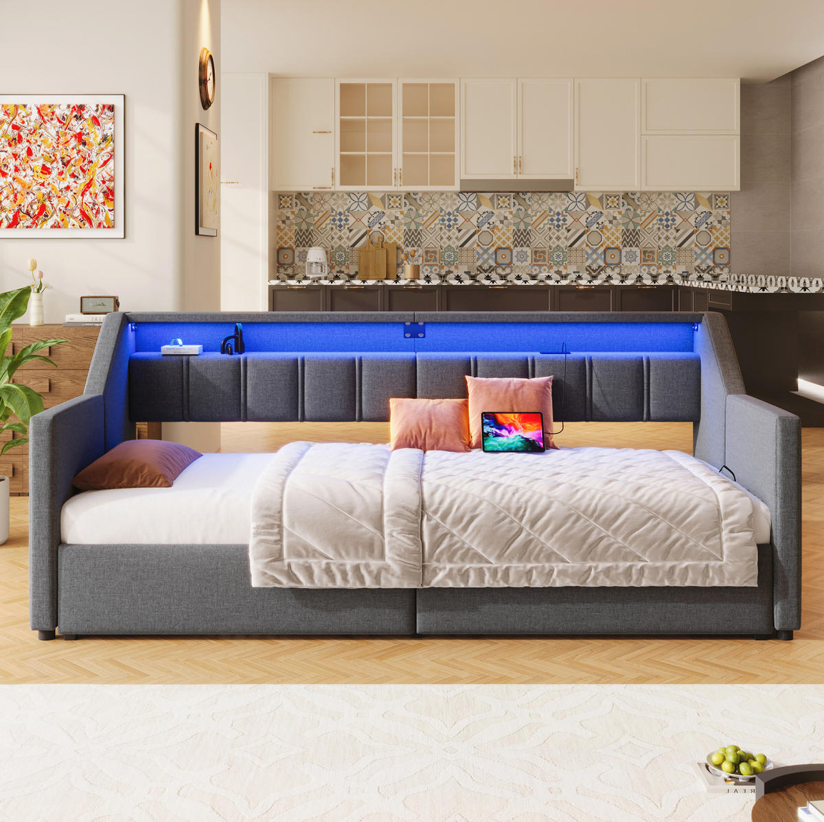 TAGESBETT 90/200 cm aus Leinen mit USB, Type-C, LED-Leiste, 2 Schubladen und Ausziehfunktion, Grau - Grau, Textil (90/200cm) - Redom