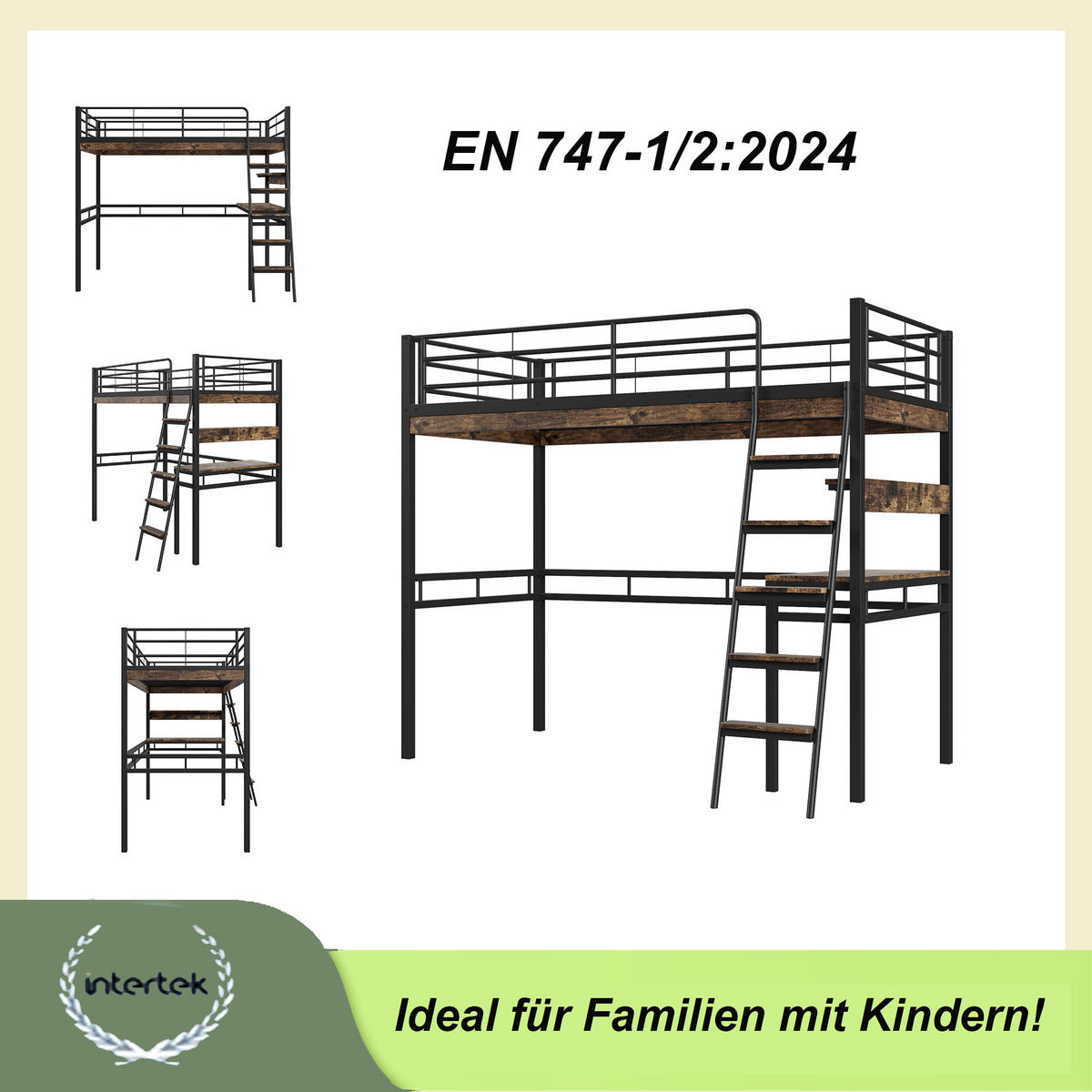 HOCHBETT 90x200cm Schwarz Metall Schreibtisch Regale Geländer Leiter - Schwarz, Metall (90/200cm) - FLIEKS