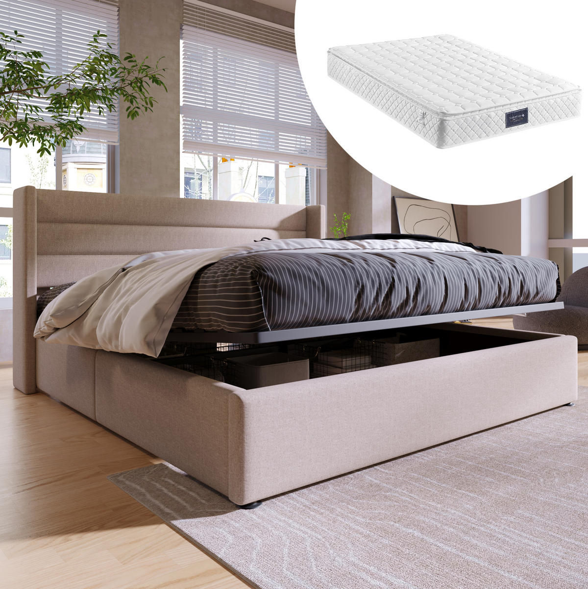 BETT mit Bettkasten 160x200 cm Leinen Beige inkl. Matratze - Beige, Metall (160/200cm) - Meubliv