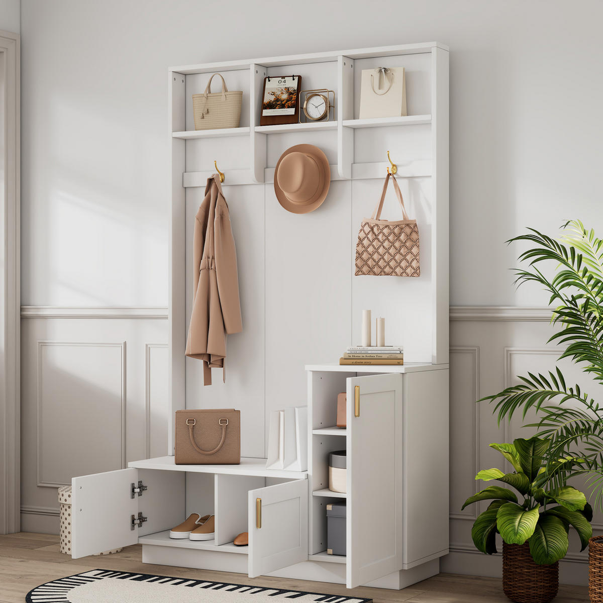 STANDGARDEROBE mit Sitzbank, 3 Haken und Schuhablage in Weiß, 120/40/200 cm - Weiß, Holzwerkstoff (120/200/40cm) - BEAOK