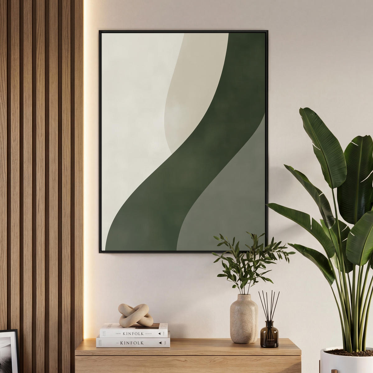 LEINWAND Bilder mit Rahmen - Japandi - Grün - Abstrakt - Modern - 70x100 - Salbeigrün, Textil (70/100cm) - MuchoWow