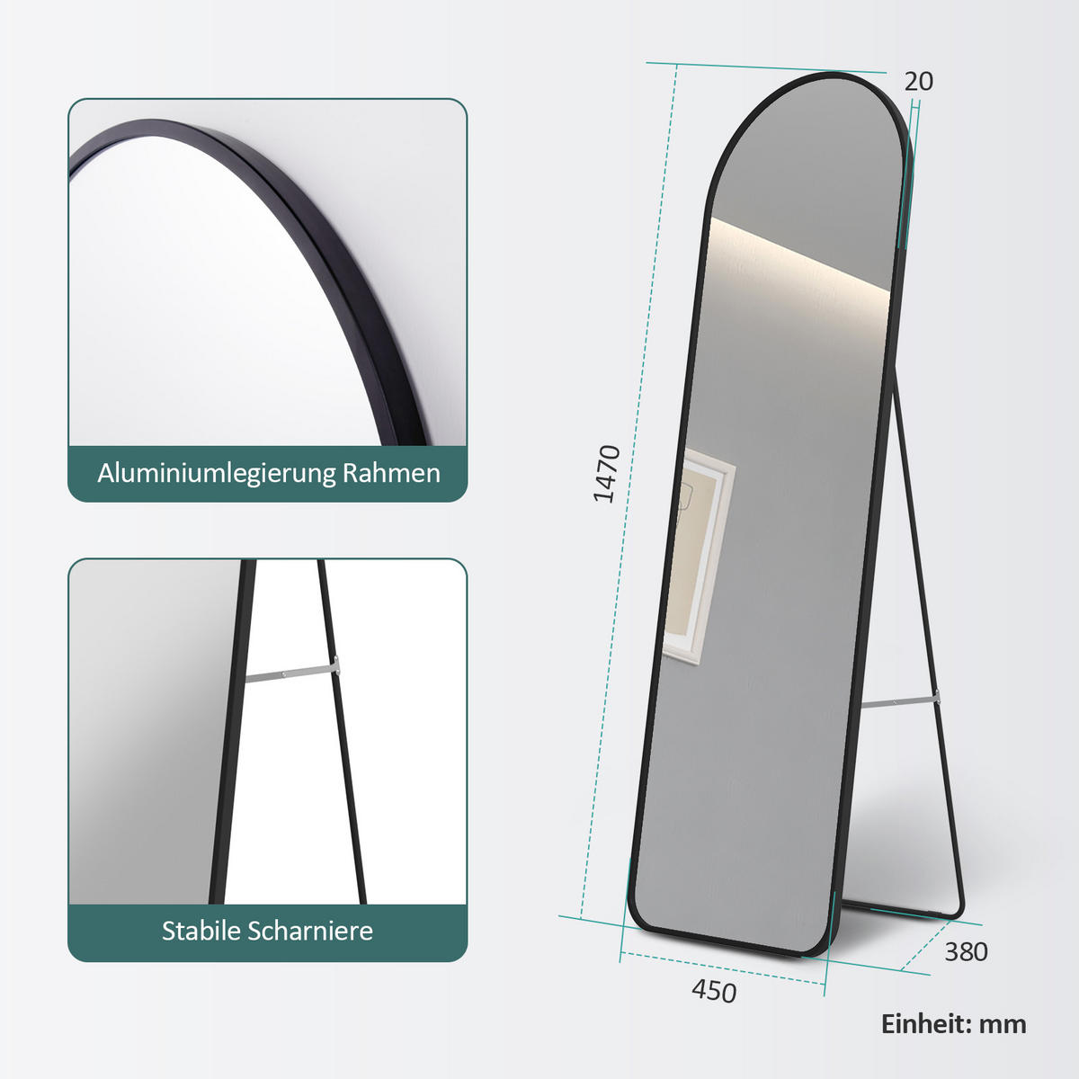 STANDSPIEGEL mit Rahmen Gehärteter Silberspiegel Schwarz 147/45 cm - Schwarz, Glas/Metall (45/147/147cm) - EMKE