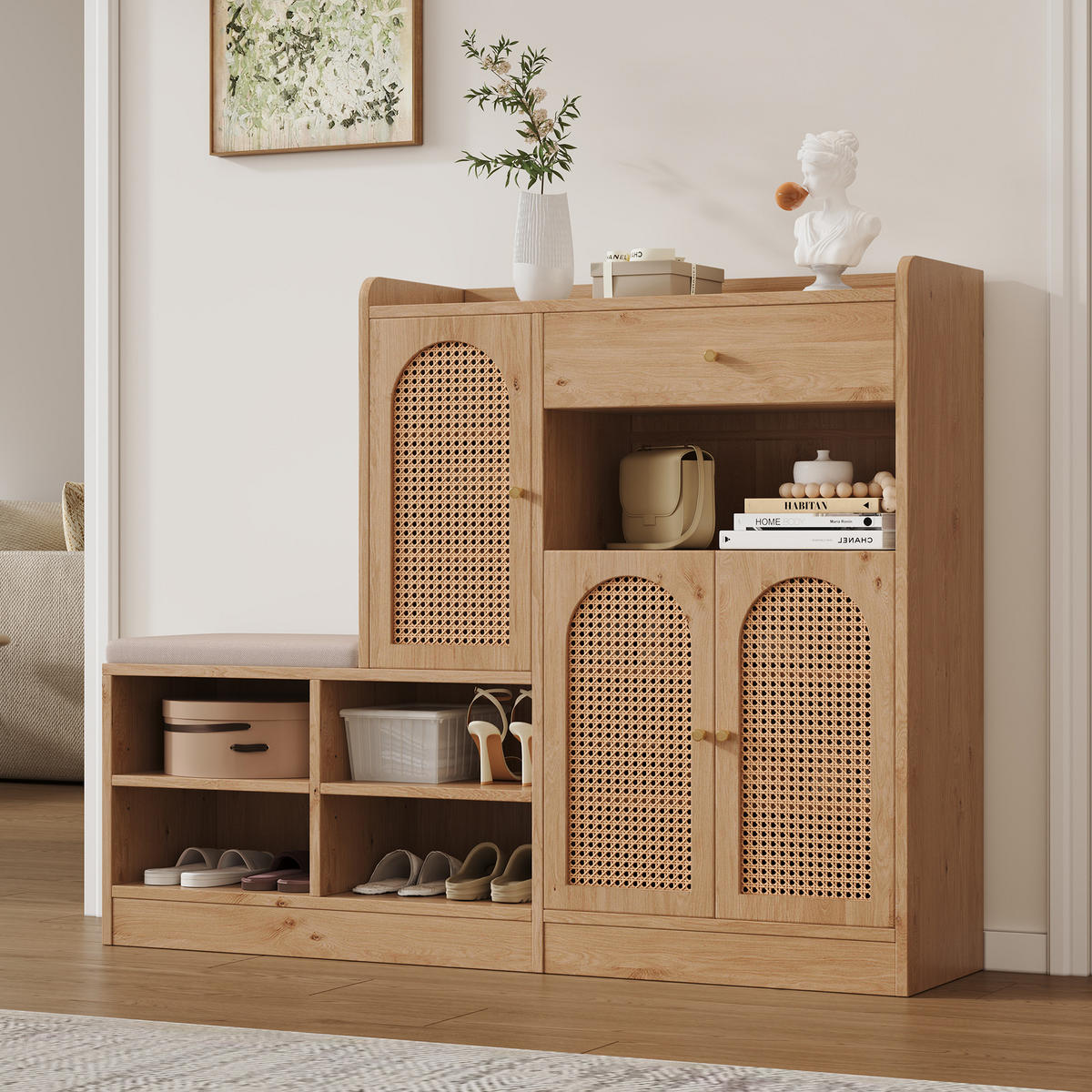 SCHUHSCHRANK mit Sitzbank Rattan Holzoptik 142x35x110cm - Naturfarben, Holzwerkstoff (35/110/142cm) - FLIEKS