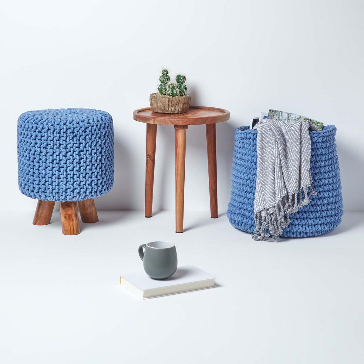 STRICK-HOCKER blau, Dreibein 32/32/42 cm - Blau, Textil (32/42/32cm) - Homescapes