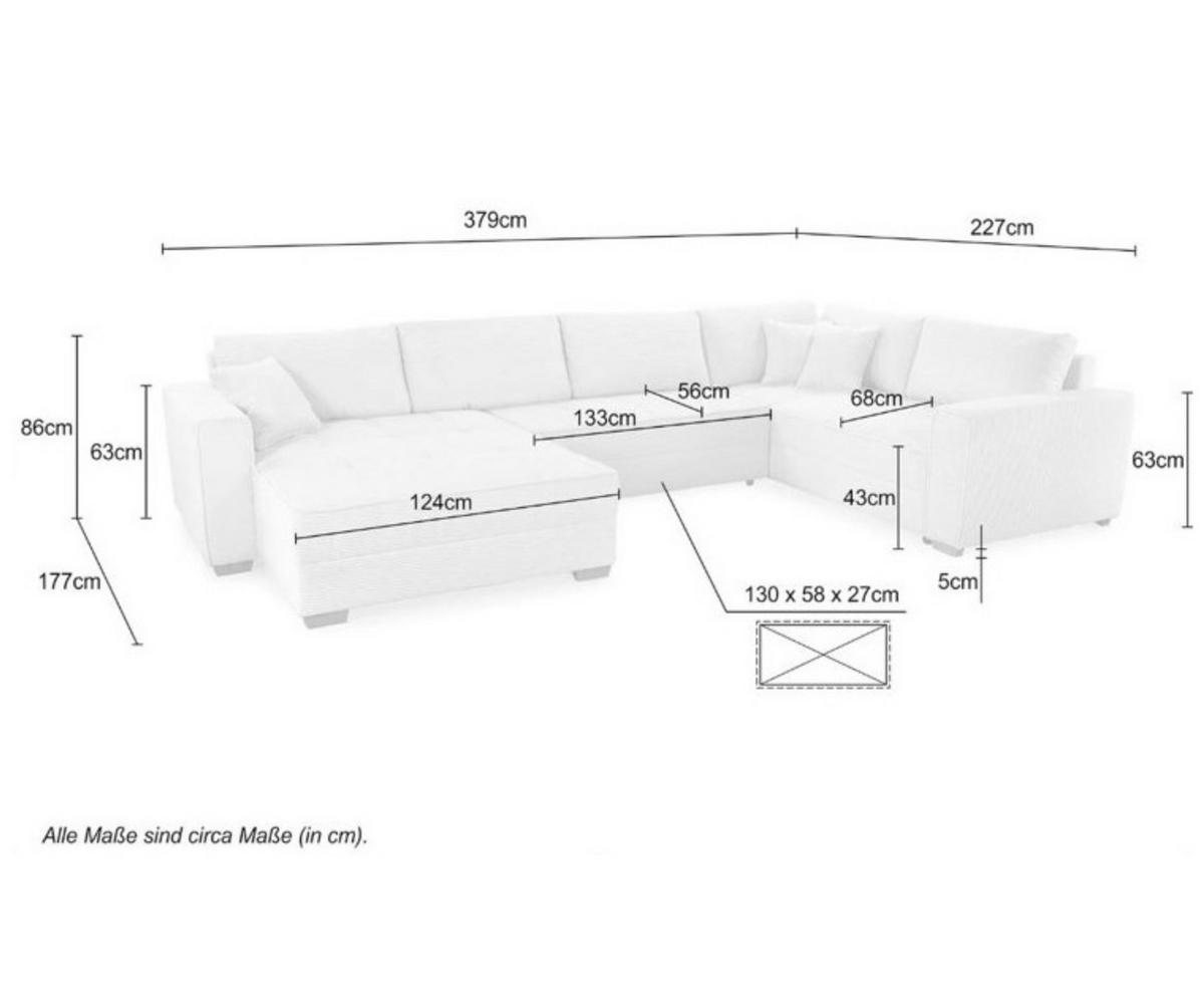 WOHNLANDSCHAFT Schlaffunktion Bettkasten Wellenunterfederung, spiegelverkehrt montierbar U-Form B379/T227/H86 cm, Cord Beige Grau / 15200 - Greige/Eichefarben, Holz/Textil (379/86/227cm) - luma-home