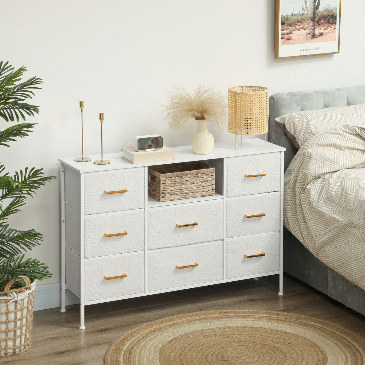 KOMMODE, Aufbewahrungsschrank mit 8 Schubladen aus Stoff, Stahlrahmen, Cremeweiß - Goldfarben/Creme, Textil/Metall (30/76/110cm) - HOMCOM