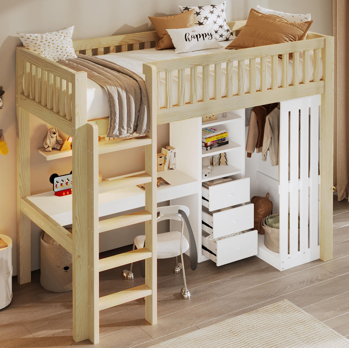 HOCHBETT 90/200 cm Natur mit Schreibtisch, Kleiderschrank und 3 Schubladen - Naturfarben, Holz (90/200cm) - Flora Grace