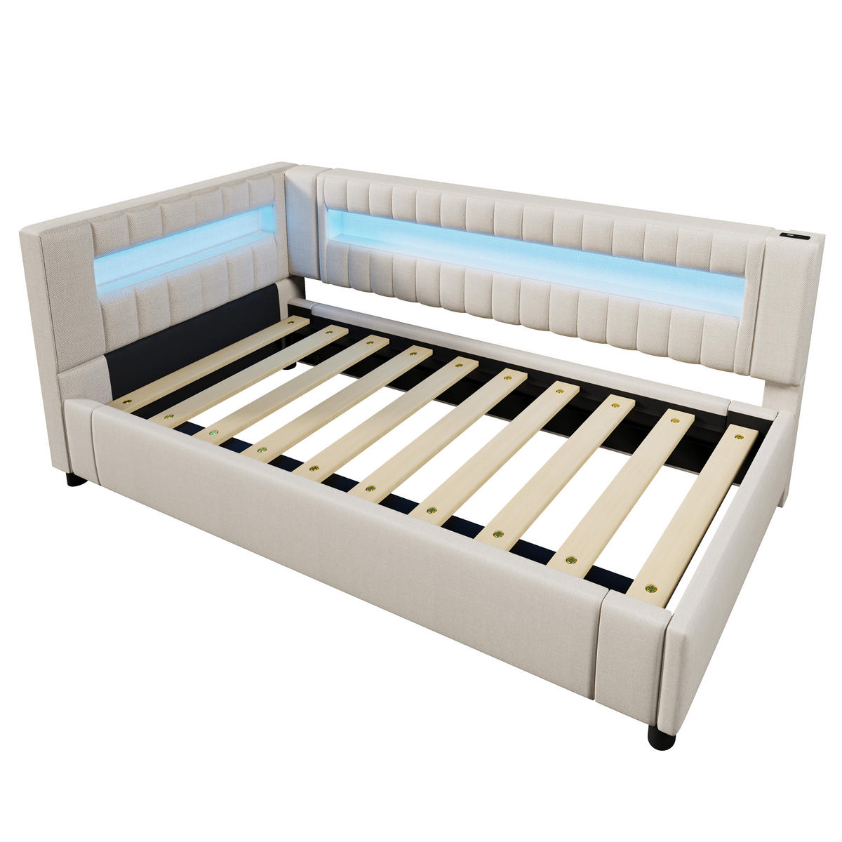 POLSTERBETT aus Leinen 90x200 cm in Beige mit LED & hydraulischem Stauraum - Beige, Textil (90/200cm) - Modfu