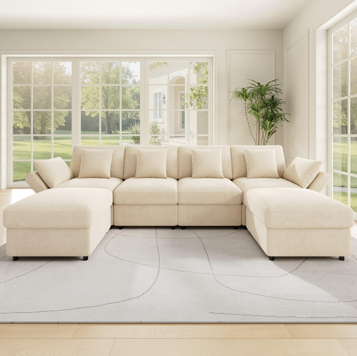 MODULOVÁ sedacia súprava z chenille 284x156,5x86 cm béžová s nastaviteľnými podrúčkami, 2 taburetkami a 6 vankúšmi - béžová, textil (156.5/86/284cm) - Modfu
