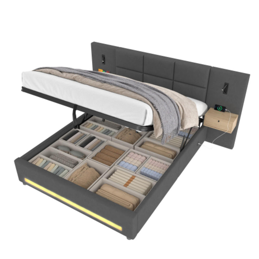 POLSTERBETT 180x200cm Dunkelgrau Velours mit Stauraum-Kopfteil, LED-Nachtlicht an Seiten & Fuß, USB/Type-C und hydraulischem XXL-Unterbettstauraum - Dunkelgrau, Textil (180/200cm) - Luhomfu