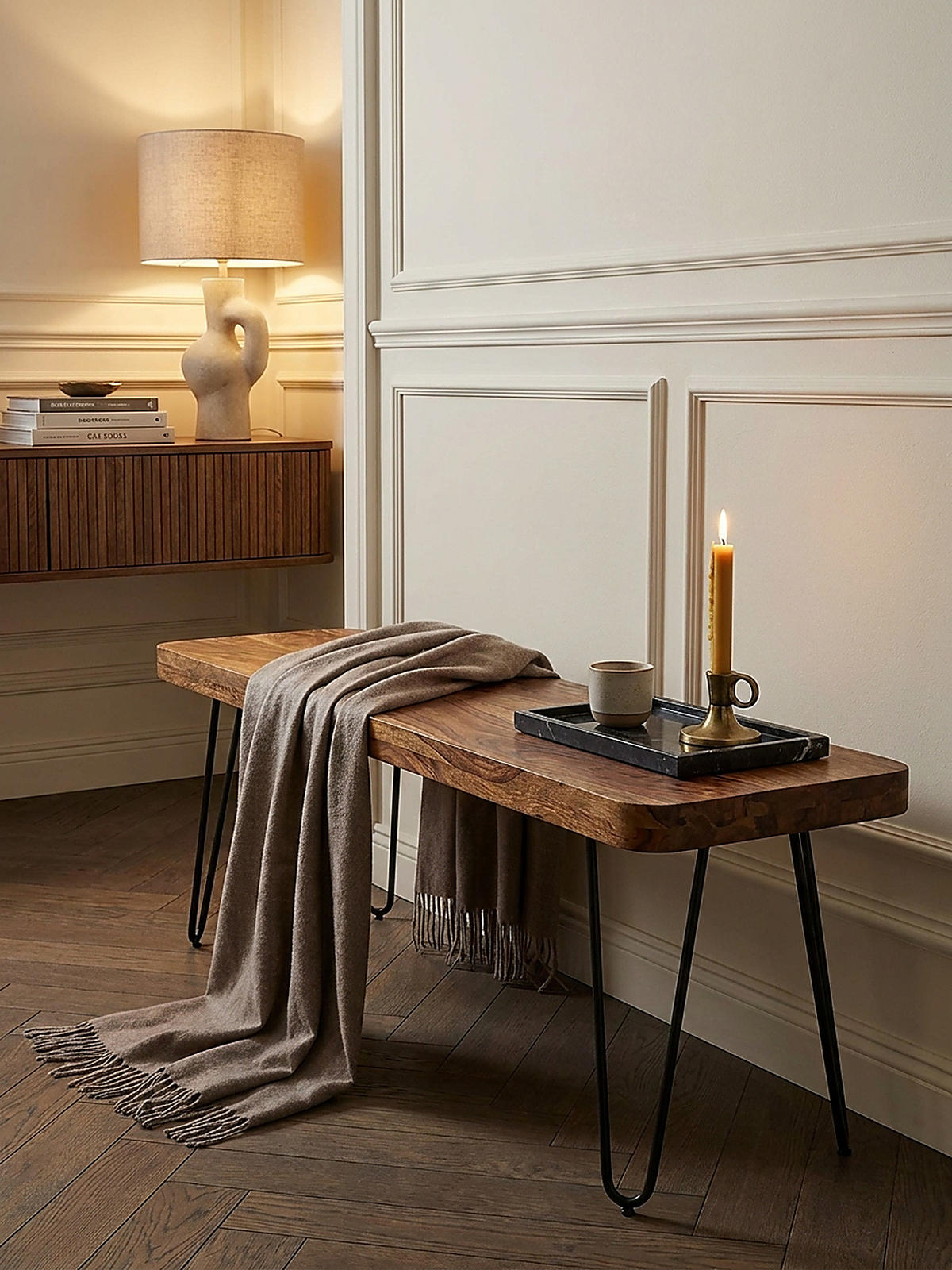 SITZBANK BALU Massivholz Metallbeine Landhausstil, Braun 180x40x45 cm - Schwarz/Braun, Holz/Metall (180/45/40cm) - KADIMA DESIGN