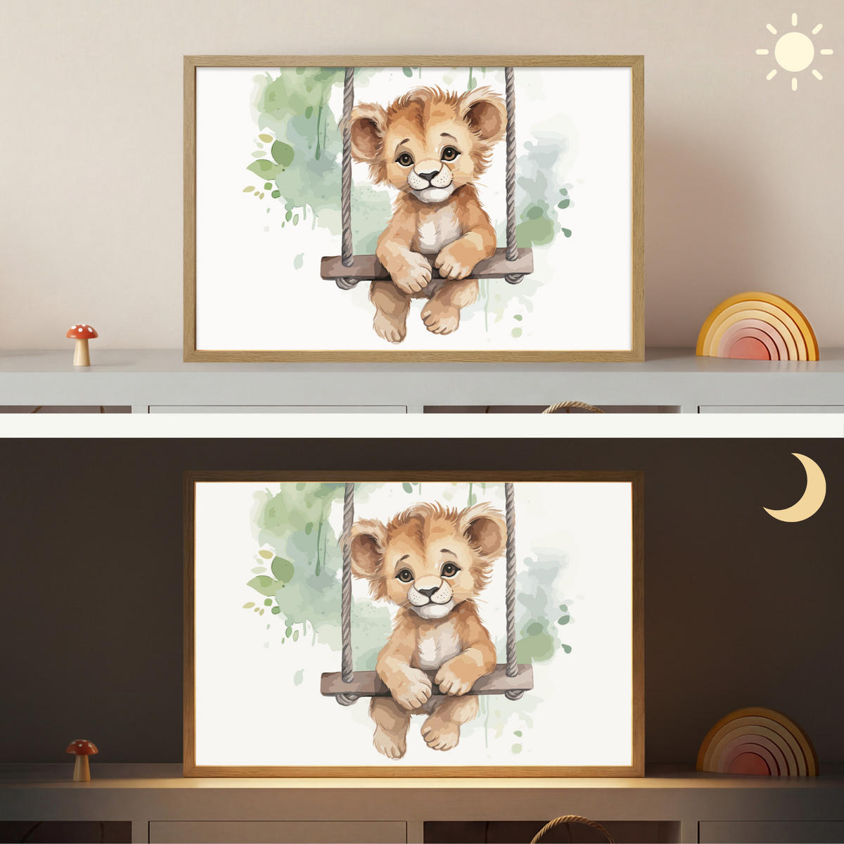 WANDLEUCHTE MIT AKKU Löwe - Tier - Kinder - Dschungel 60x40 cm - Weiß, Holzwerkstoff (60/40/8cm) - OnlyWow