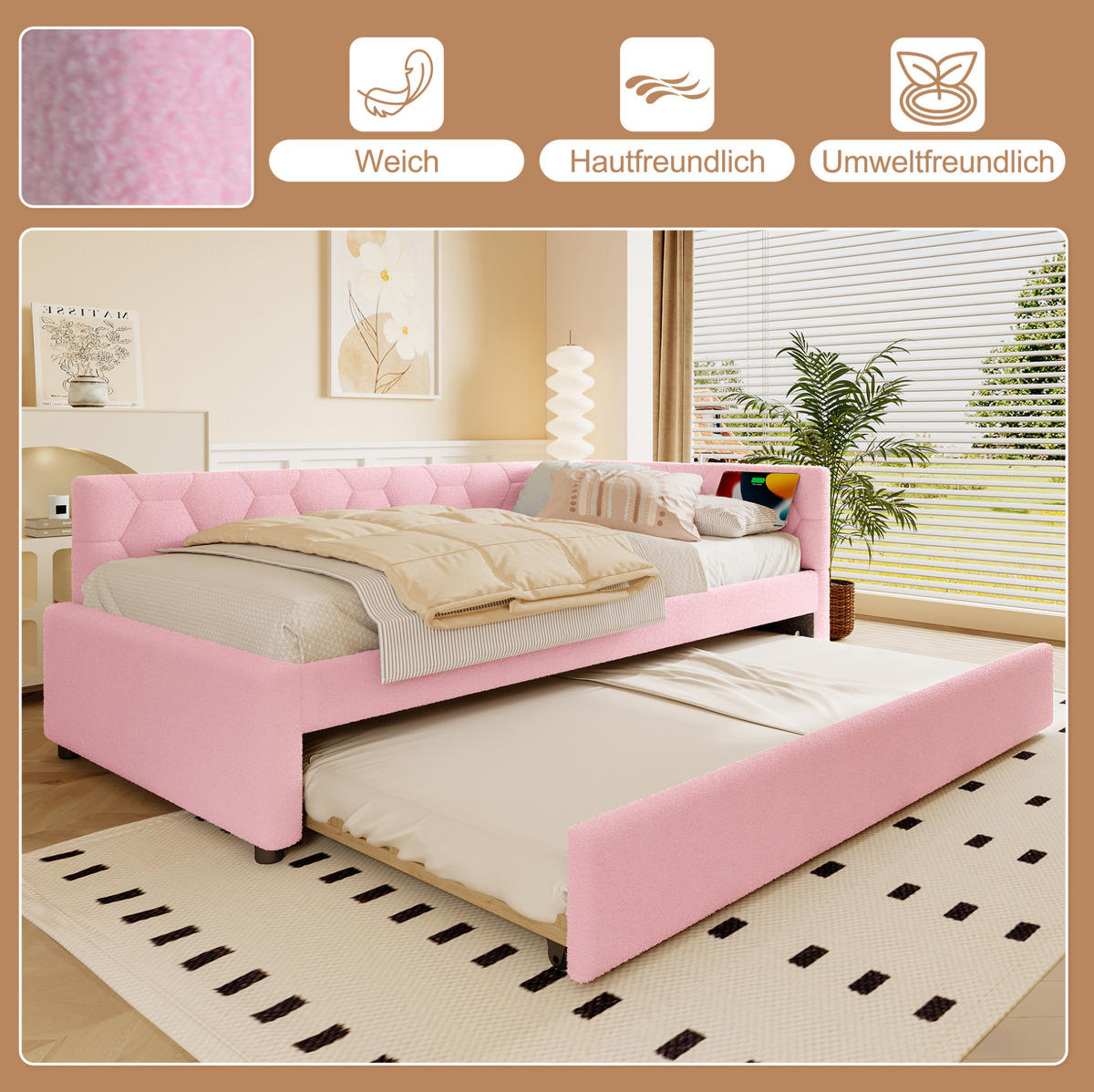 POLSTERBETT 90/200 cm Rosa aus Boucle mit Ausziehbett - Rosa, Textil (90/200cm) - OKMYHOME