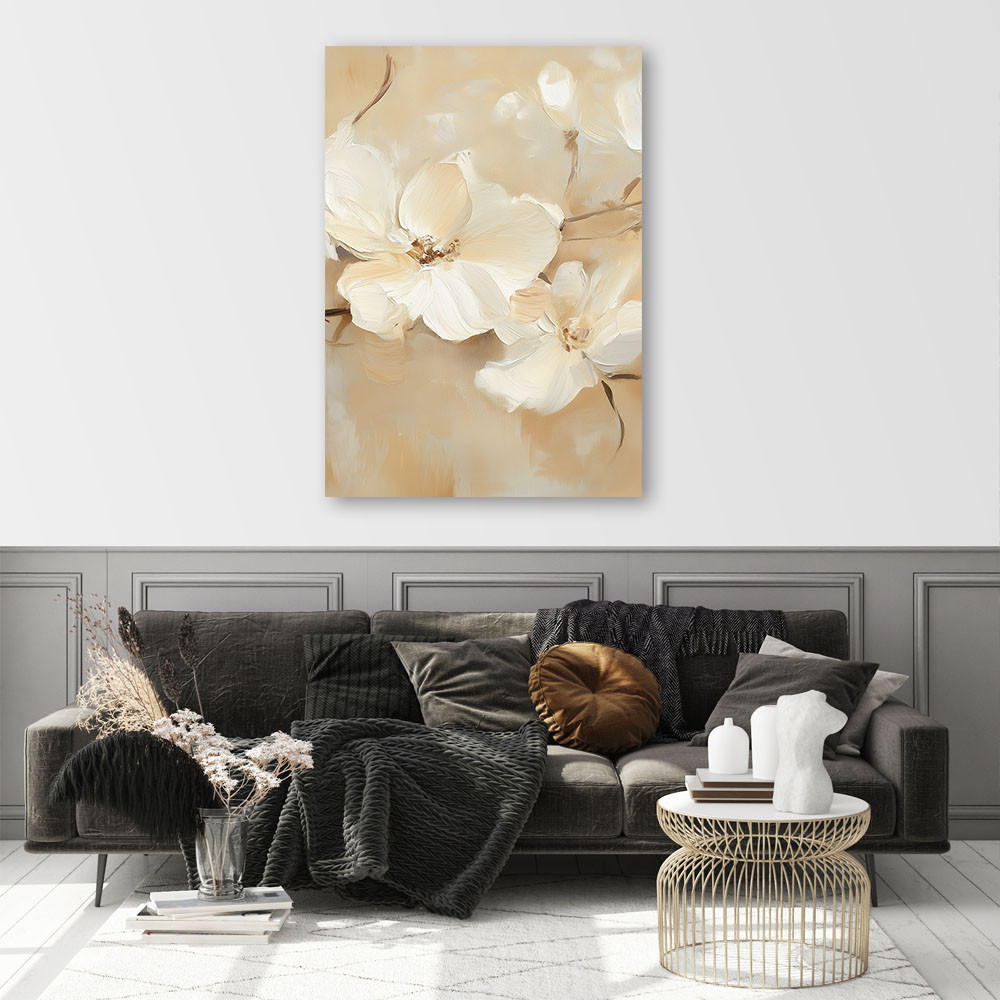 LEINWANDBILD Weiße Blumen auf beigem Hintergrund 80x120cm - Beige, Textil (80/120cm) - Feeby