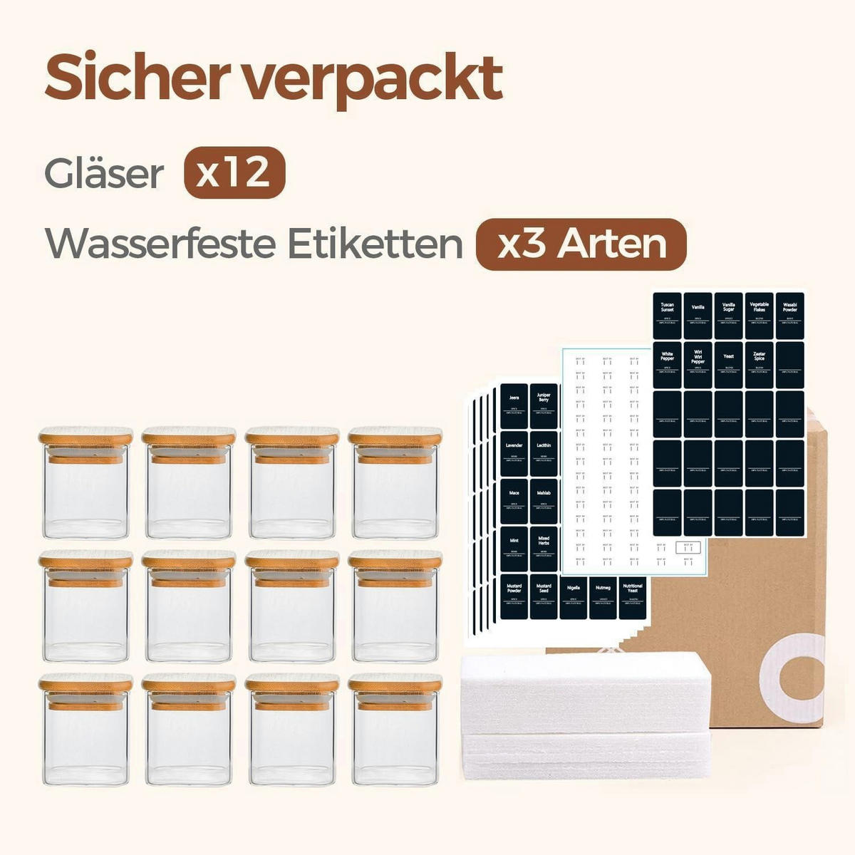 VORRATSGLÄSER 12er Set 120 ml Eckig mit Holzdeckel - Multicolor, Glas (6/6.6/6cm)