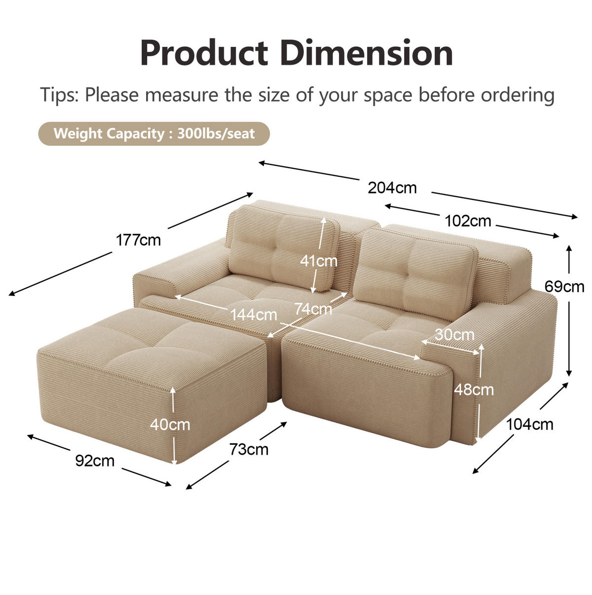 ECKSOFA 204/104/69 cm beige aus Cord mit Tiefsitz und modularem Design - Beige, Textil (177/204cm) - OKWISH