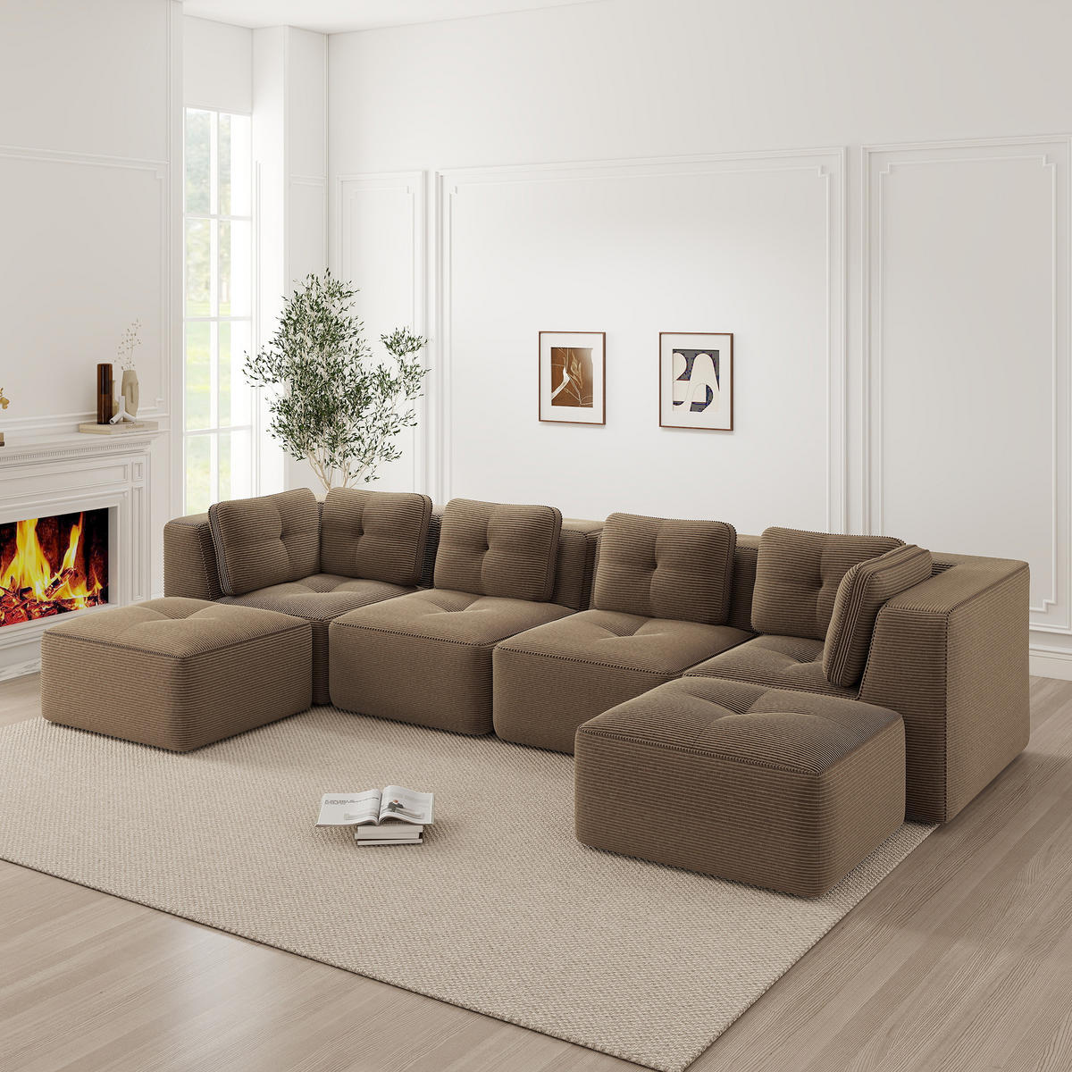 4-SITZER Sofa 386×177×69 cm Cordstoff rahmenlos modular mit 2 Ottomanes, braun - Braun, Textil (177/69/386cm)