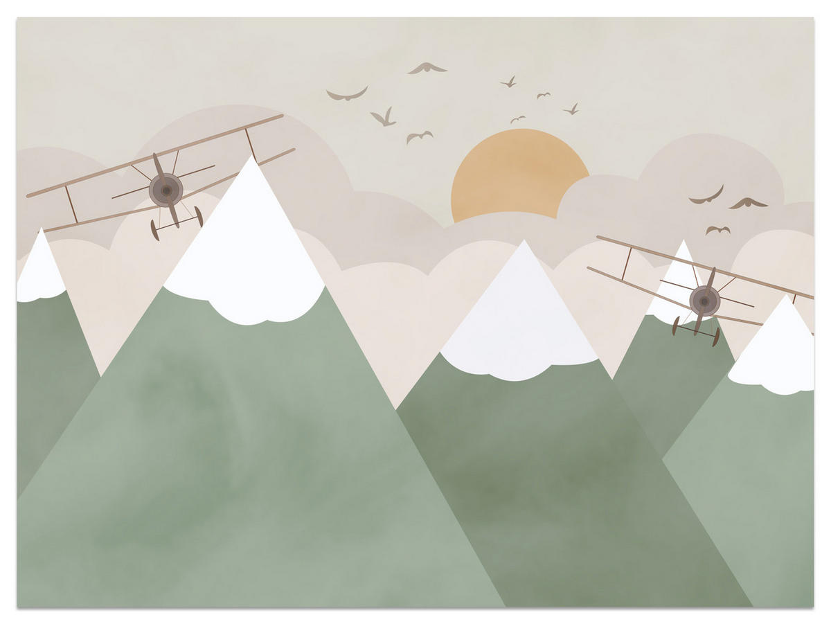 FOTOTAPETE für Kinderzimmer Berge Flugzeuge Wolken 300x210 - Beige/Orange, Papier (300/210cm) - Muralo