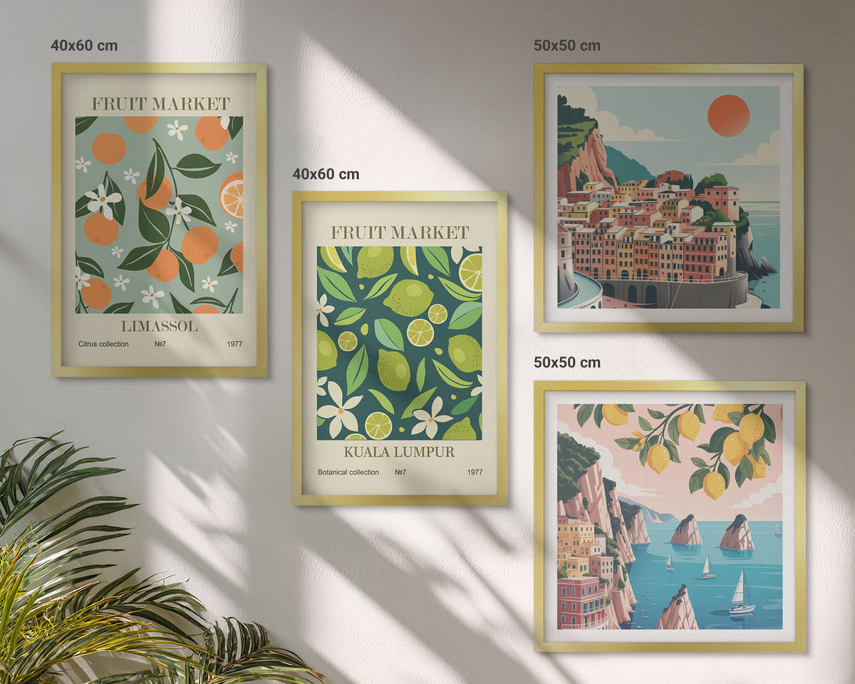 BILDER SET 4er Set - 50x50 cm & 40x60 cm Goldrahmen - Vintage-Poster mit Fruchtmustern - Goldfarben, Kunststoff (50/50cm) - TULUP