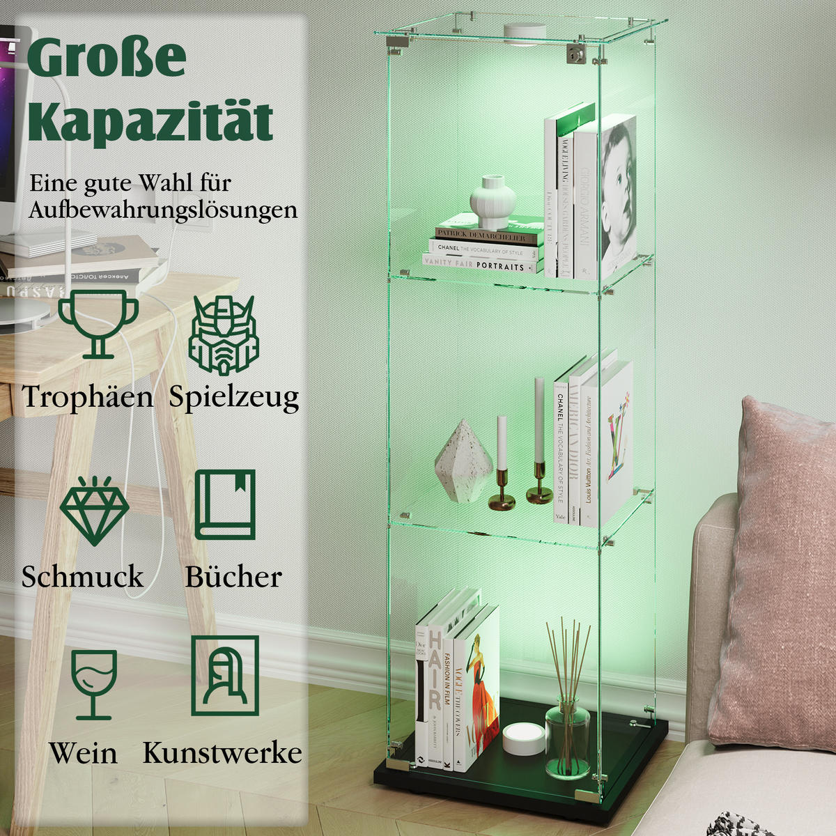 GLASVITRINE Mit LED, 3 Regale, Schloss, Glas-Schrank Für Wohnzimmer - Schwarz, Holz (35/123.3/39.8cm)