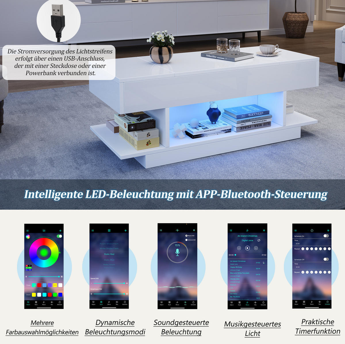 COUCHTISCH aus Spanplatte 98x45x40 cm in Weiß mit LED-Beleuchtung & Liftfunktion - Weiß, Holzwerkstoff (98/45/40cm) - Modfu