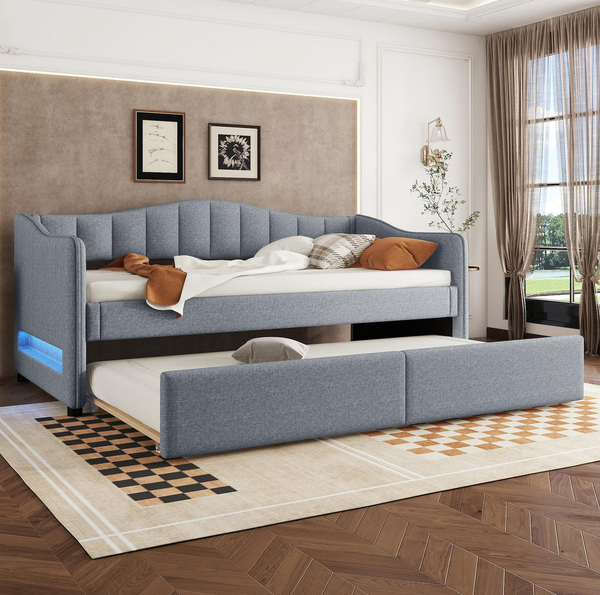 POLSTERBETT 90/200 cm Grau mit Polsterbett und LED-Beleuchtung - Grau, Textil (90/200cm) - Flora Grace
