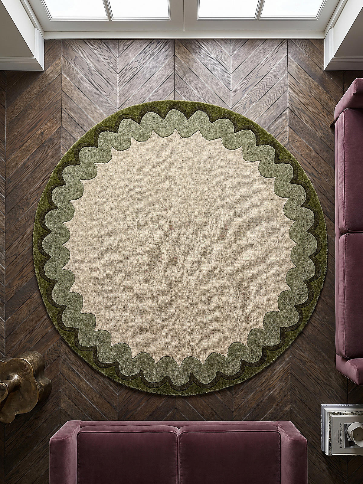 TEPPICH aus Wolle, handgetuftet, WAVENEY, in Olivgrün, Zickzack-Wellenbordüre, Ø 160 cm - Grün, Textil (160/160cm) - KADIMA DESIGN