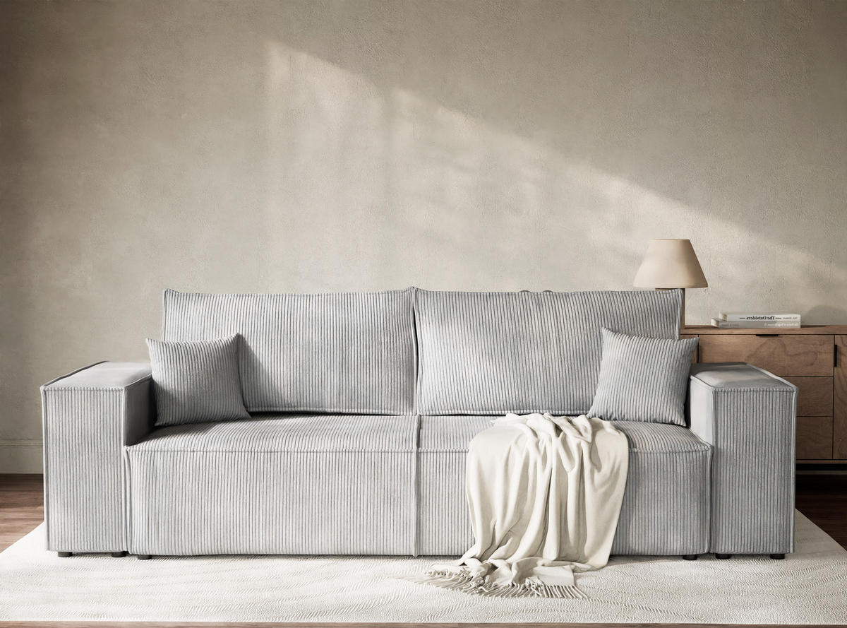 SOFA MIT SCHLAFFUNKTION Milos Hellgrau Samtstoff - Hellgrau/Schwarz, Holz/Holzwerkstoff (255/70/105cm) - Maison de Reve