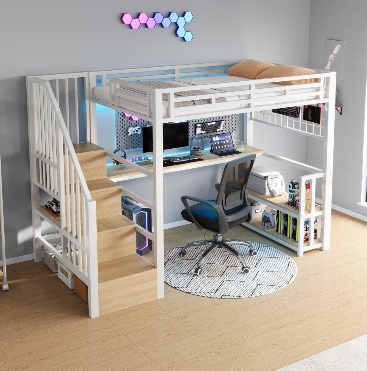 HOCHBETT aus Metall und MDF 90x200 cm Weiß mit Schreibtisch, Stauraumtreppe, Regal, Hängegitter und LED - Weiß, Metall (90/200cm) - Modfu