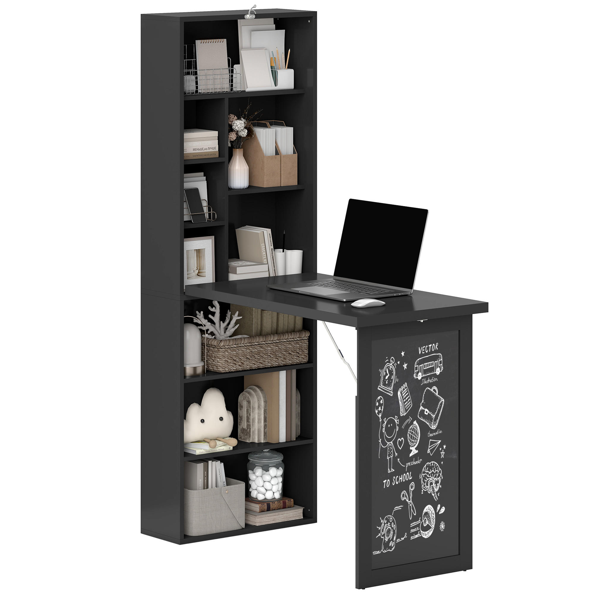 SCHREIBTISCH Schwarz klappbar mit Regal und Tafel 98/51/153 cm - Schwarz, Holzwerkstoff (51/98/153cm) - PANGIVO