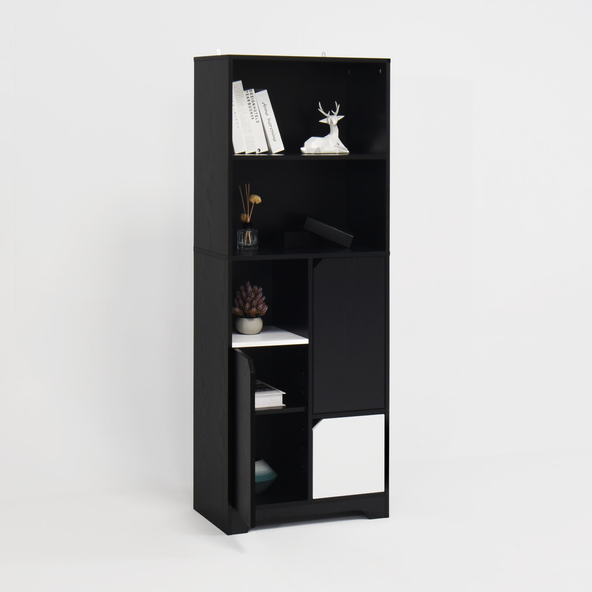 BÜCHERREGAL 60/35/160 cm mit 2 offenen Fächern, Tür und Schubladen aus Holzwerkstoff, Schwarz/Weiß - Schwarz, Holzwerkstoff (60/160/35cm) - Redom