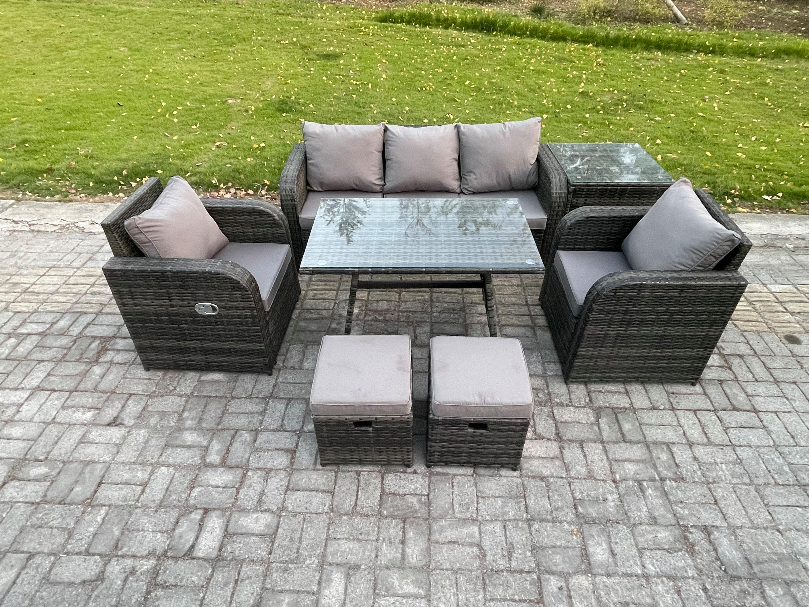 GARTENMÖBEL SET mit COUCHTISCH Polyrattan Dunkelgrau 7-Sitzer - Dunkelgrau/Grau, Glas/Kunststoff - Fimous