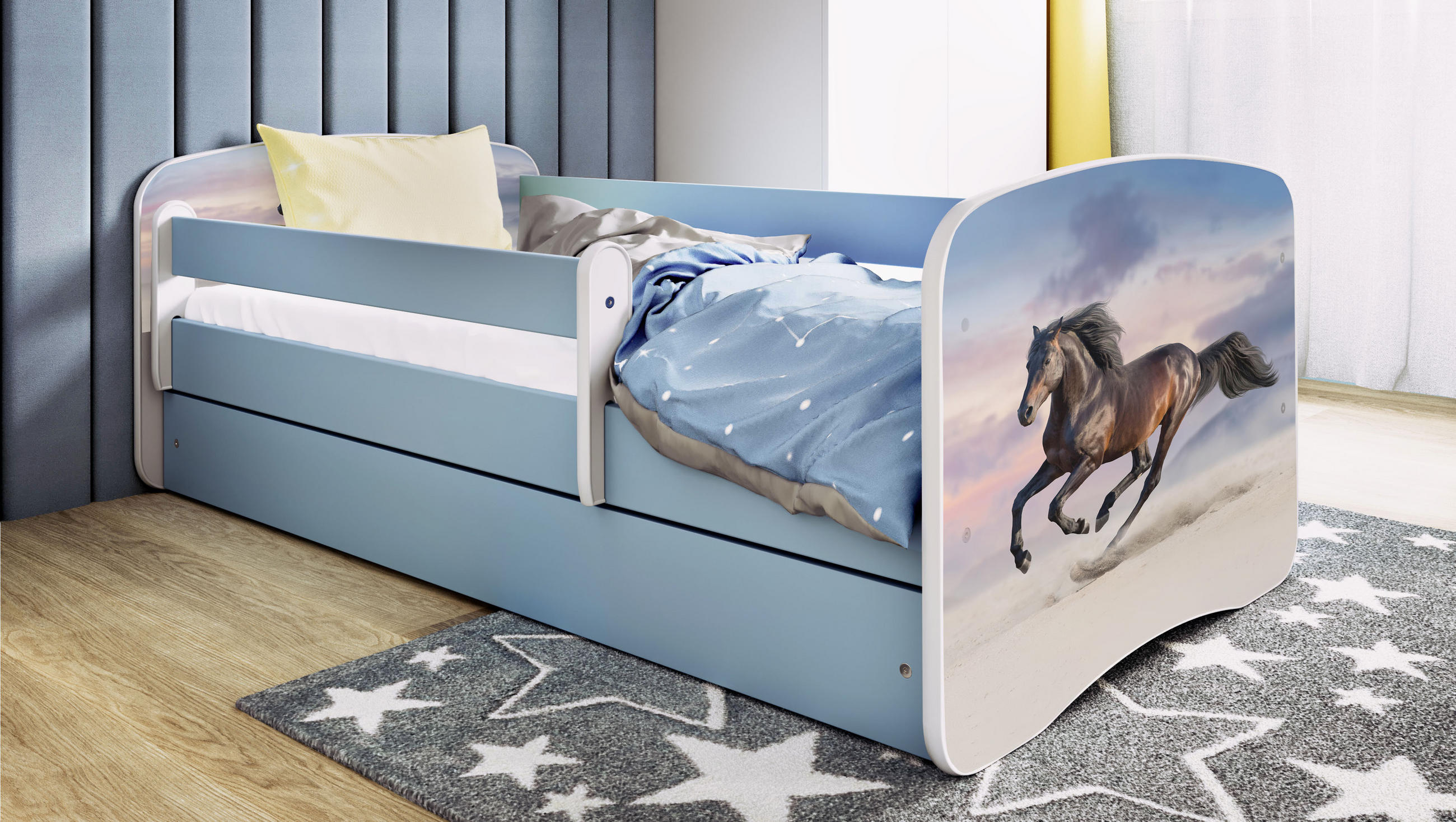 KINDERBETT Pferd im Galopp mit Schublade 140/70 80/61/144 - Blau, Holzwerkstoff (70/140cm) - RAUMHIRSCH FURNITURE