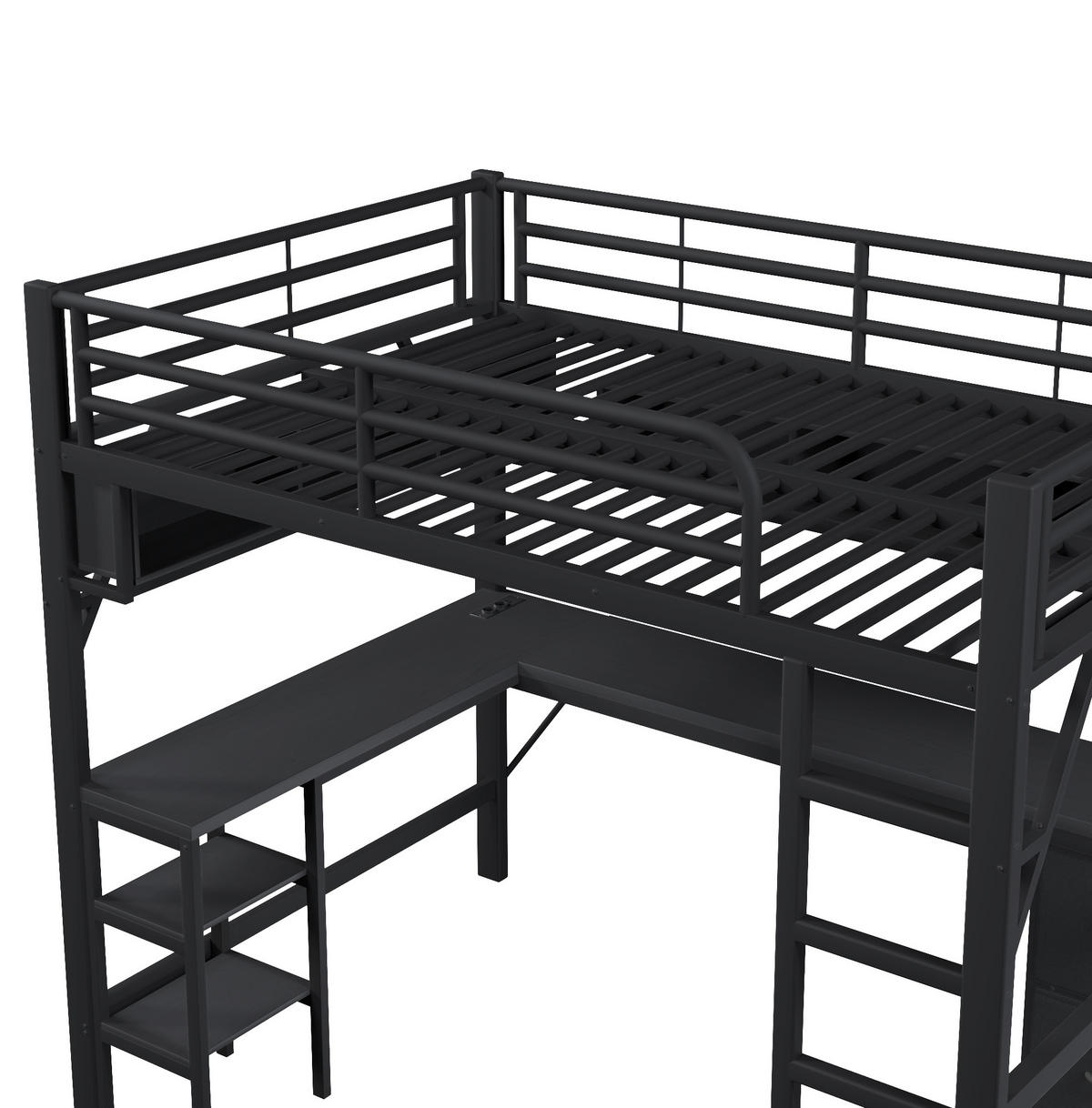 HOCHBETT 140/200 cm aus Metall und MDF mit Schreibtisch USB und LED-Beleuchtung Schwarz - Schwarz, Holzwerkstoff (140/200cm) - Modenvie