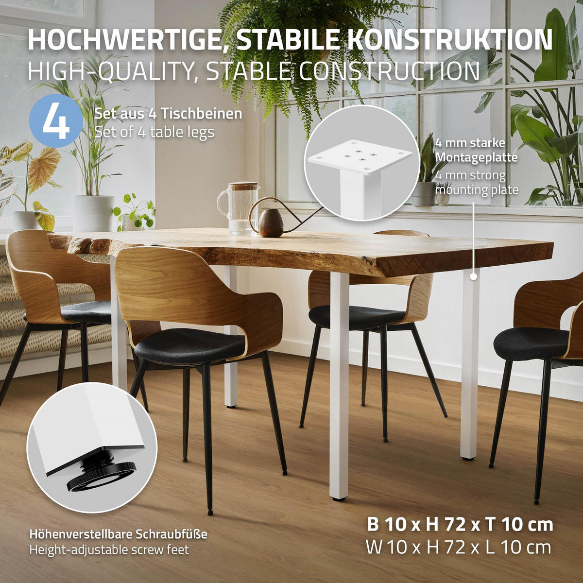TISCHBEINE 4er Set I-Design H:72 cm Weiß 4x4 cm - Weiß, Metall (4/72/4cm) - ML-DESIGN
